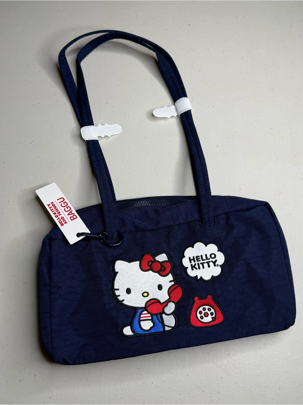 NWT BAGGU Hello Kitty Phone Navy Embroidered Nylon Bowler Shoulder Bag